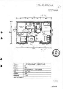 Plantegning av 1. etasje (kjeller/underetasje) med romfordeling, mål og arealoppdelinger.