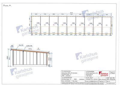 Snittegning av en garasje eller lagerbygning med dimensjoner og konstruksjonsdetaljer