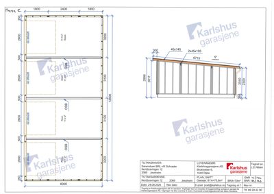 Tegning som viser detaljerte mål og konstruksjon for en garasje (snitt og fasadeoppsett).