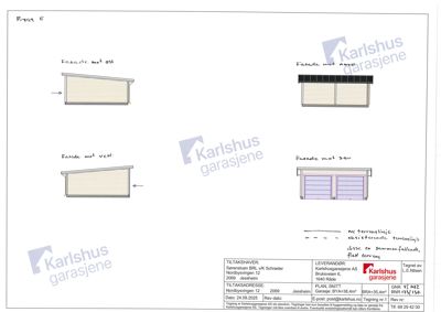 Fasadetegning som viser oppriss av en garasje sett fra fire sider (øst, vest, nord og sør).