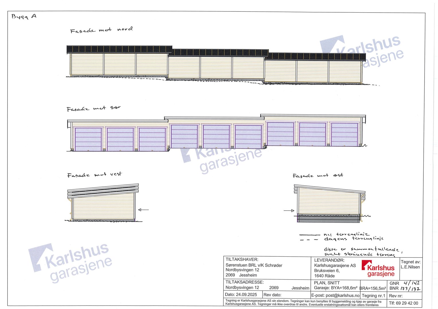 Fasadetegning som viser oppriss av bygningen sett fra nord, sør, vest og øst.