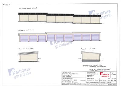 Fasadetegning som viser oppriss av bygningen sett fra nord, sør, vest og øst.
