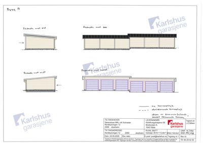 Fasadetegning som viser oppriss av en garasje sett fra fire ulike sider (øst, sør, vest, nord).