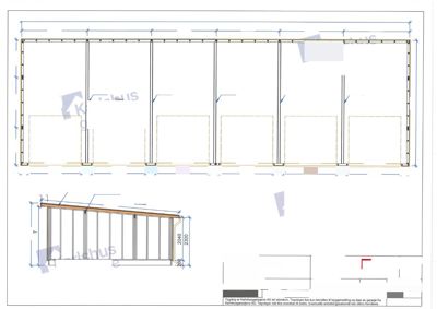 Snittegning som viser tverrsnittet av en garasje med mål, konstruksjonsdetaljer (OSB, GD 260x226), og en sideutsnitt av en vegg eller dør.