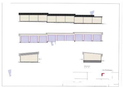 Fasadetegning som viser oppriss av bygningen sett fra nord, sør, vest og øst.