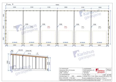 Snittegning som viser tverrsnittet av en garasje med mål, konstruksjonsdetaljer (OSB, GD 260x226), og en sideutsnitt av en vegg eller dør.