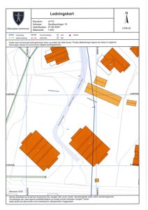 Ledningskart som viser vann- og avløpsledninger i området rundt Nordbyvingen 10.