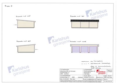 Fasadetegning som viser oppriss av en garasje sett fra fire ulike sider (vest, sør, øst, nord).