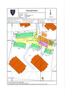 Situasjonskart som viser eiendomsforhold, bygningers plassering, arealer og grenser for eiendommen 4/173 i Nordbysvingen 10.