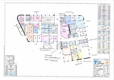 Etasjeplan for Volda kommune som viser romfordeling, funksjoner (kontor, møterom, serveringsområde) og arealoppdelinger.