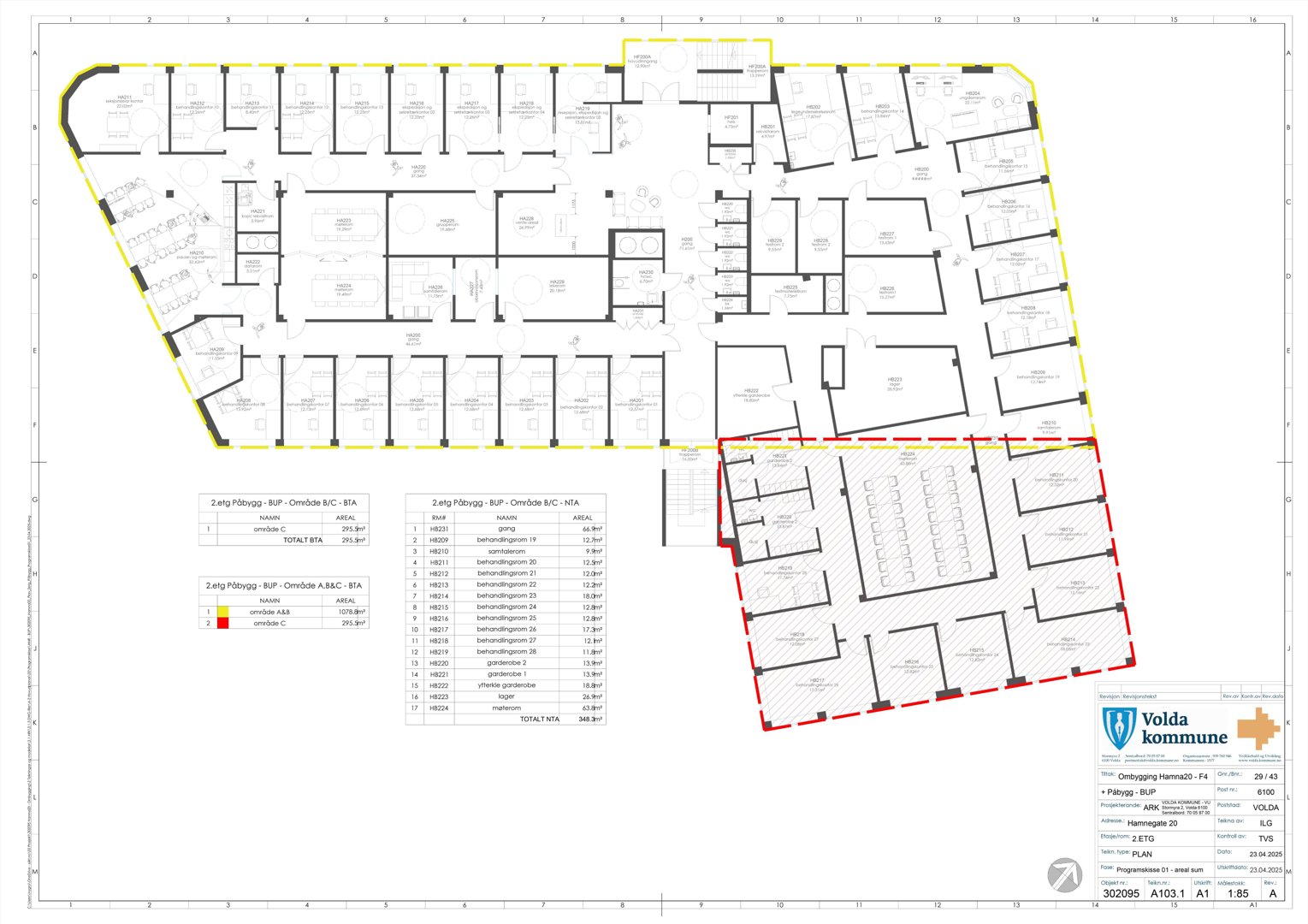 Etasjeplan for 2. etasje på Volda kommune, som viser romfordeling, arealer og funksjoner.