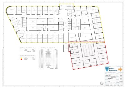 Etasjeplan for 2. etasje på Volda kommune, som viser romfordeling, arealer og funksjoner.
