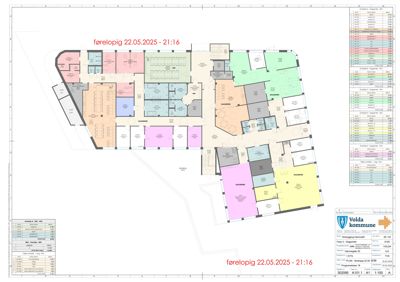 Etasjeplan for et bygg (Dagcenter) med romfordeling, arealoppdelinger og tekniske data.