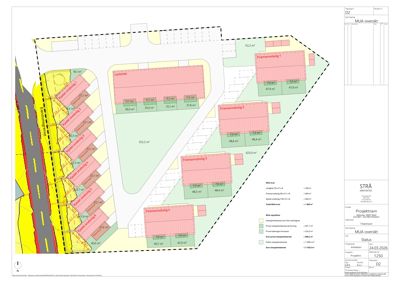 Situasjonsplan som viser tomtens grenser, plassering av bygninger (boliger og leilighet), veier, og arealoppdelinger.