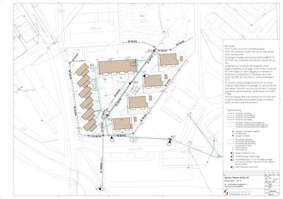 Situasjonsplan som viser tomtens grenser, nabolag, veier og plassering av bygninger (K1-K5) med tilhørende vann- og avløpsledninger.