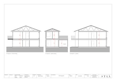 Fasadetegning som viser tre ulike oppriss (front, side og bakside) av en husmodell.