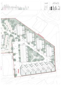 Situasjonsplan som viser tomtens grenser (159/445), plassering av bygninger, veier, parkeringsplasser og beplantning.