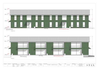 Fasadetegning som viser bygningens utseende fra nord og sør, inkludert høydeangivelser og terrassering.