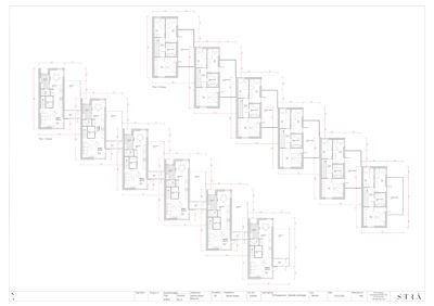 Plantegning som viser romfordeling og etasjer for flere leiligheter i en bygning.