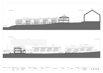 Snittegning som viser bygningens tverrsnitt, høyder, takhøyder og forhold til terrenget.