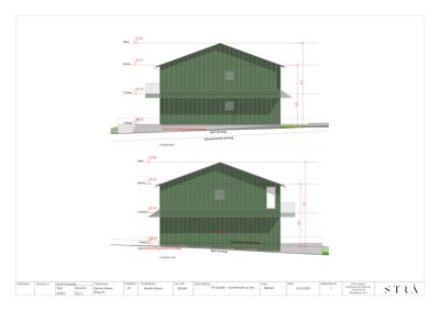 Fasadetegning som viser oppriss av bygningens fasade sett fra øst og vest, med høydemål og konstruksjonsdetaljer.