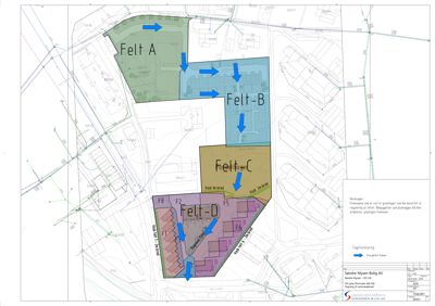 Situasjonsplan som viser tomta delt inn i fire felt (A, B, C, D) med angitte vannforhold og bebyggelsesforhold.