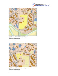 Bildet viser to kartutsnitt (Norgeskart) som illustrerer eiendomsgrunnene og nabolaget. Det er tegnet inn eksisterende bebyggelse og tomtene som er under behandling.