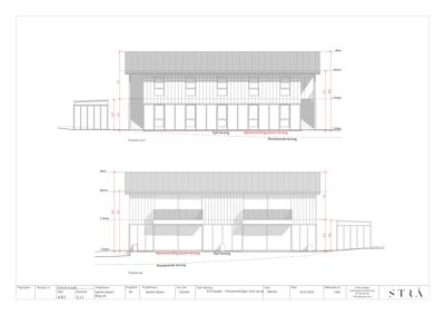 Fasadetegning som viser bygningens utseende fra nord og sør, inkludert høydemål og terrasseløsninger.