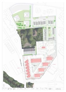Situasjonsplan som viser tomtens grenser, nabolag, veier (Dybviken, Voldgata), beplantning, parkeringsplasser og plassering av nye og eksisterende bygninger (Tun 1 og Tun 2).