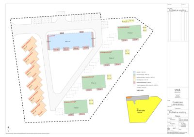 Situasjonsplan som viser tomtens utforming, plassering av bygninger (leiligheter og fellesarealer), veier og arealoppdelinger.