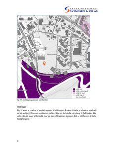Kart over et område som viser infiltrasjonspotensial (gråtoner og lilla fargekoder) og topografi (konturlinjer).