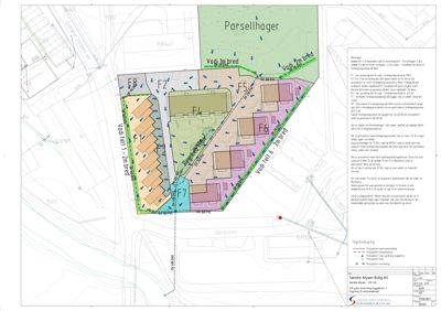 Situasjonsplan som viser tomtens grenser, naboeiendommer, vannforhold og plassering av planlagte bygninger (Parsellhager).