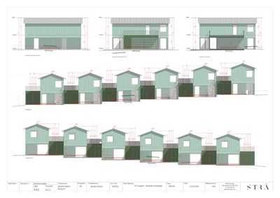 Fasadetegning som viser ulike fasadevarianter for eneboliger med mål og detaljer.
