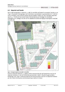 Kart som viser beregnet støy fra trafikk (Lden) i området 'Tun 1' med fargekodet støykart.