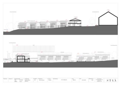 Snittegning som viser bygningens tverrsnitt, høyder, takhøyder og forhold til terrenget.