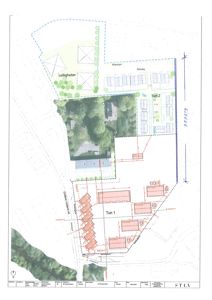 Situasjonsplan som viser tomtens grenser, plassering av bygninger (Tun 1, Tun 2, Leiligheter), veier (Gjerde, Gjerdeveien), parkeringsplasser og vegetasjon.
