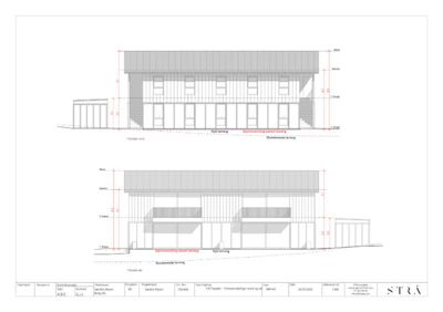 Fasadetegning som viser bygningens utseende fra nord og sør, inkludert høydemål og terrasseløsninger.