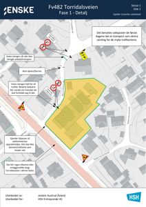 Situasjonsplan som viser plassering av et bygganlegg (Fv482 Torridalsveien) i forhold til omgivelsene, inkludert veier, nabolag og trafikkregler.