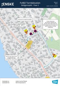 Kart over Torridalsveien som viser planlagt trafikkvei, ventesoner og stengte veier for et boligprosjekt.