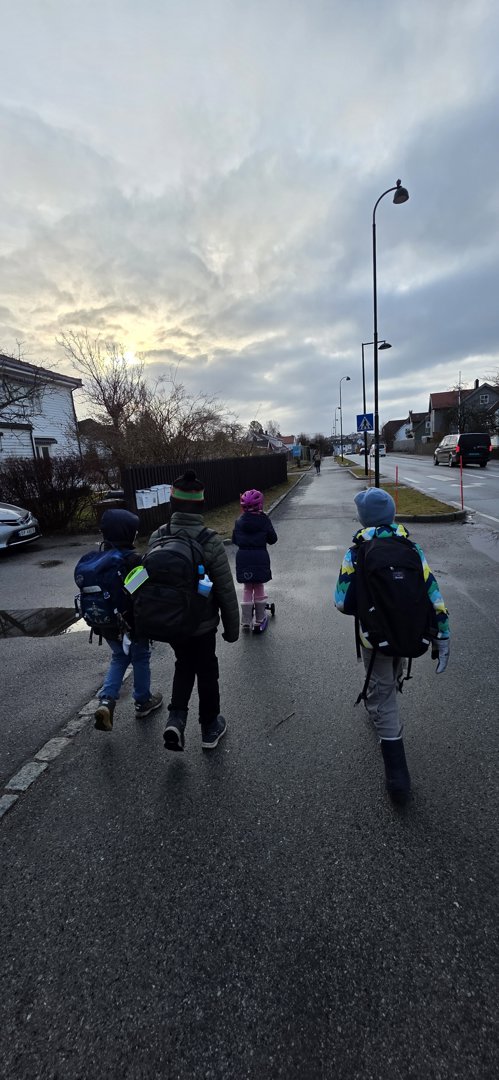 Fotografi av fire barn som går på en vei i et boligområde.