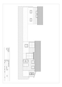 Fasadetegning som viser bygningens utseende sett fra syd, inkludert tak, vinduer, dører og veggmønster.