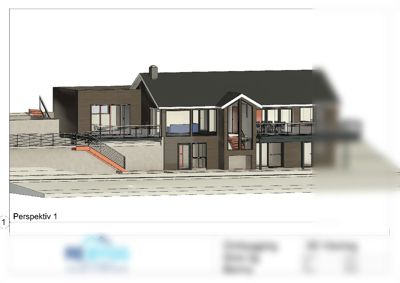 3D-visualisering (rendering) av en planlagt ombygging av en bolig, sett fra en vinkel som viser fasade og terrengforhold.