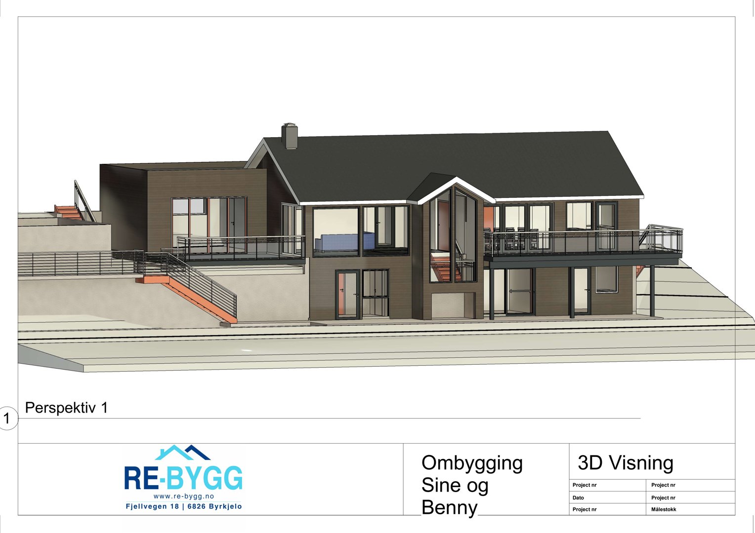 3D-visualisering (rendering) av en planlagt ombygging av en bolig, sett fra en vinkel som viser fasade og terrengforhold.