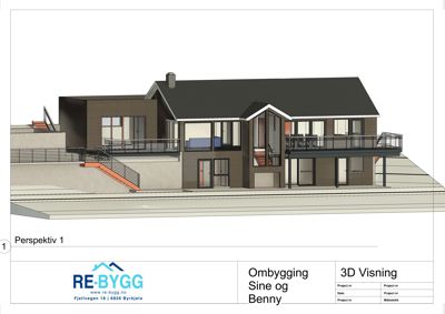 3D-visualisering (rendering) av en planlagt ombygging av en bolig, sett fra en vinkel som viser fasade og terrengforhold.