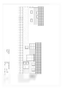 Fasadetegning som viser bygningens utseende sett fra syd, inkludert tak, vinduer, dører og veggmønster.