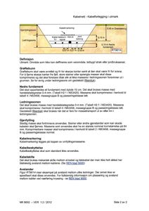 En teknisk detaljtegning (RT9014) som viser avstander og plassering for kabelforlegging i utmark, inkludert ledningssoner, grøftebunn og kabelmarkering.