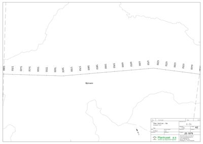 Situasjonsplan som viser topografi (konturlinjer), høydemål og byggefeltets plassering i forhold til terrenget.