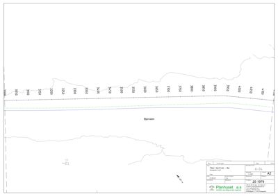 Situasjonsplan som viser terrengform (Bjørvann) med høydemålinger (konturer) og en blå linje som sannsynligvis representerer vannveier eller et nivå.