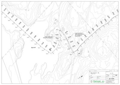 Situasjonsplan som viser terrengform, høydemålerlinjer, eiendomsgrenser og plassering av bygninger på tomta.