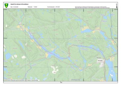 Kartutsnitt fra Norkart AS som viser topografi, vannveier og bygningsplasseringer i Drangedal kommune.
